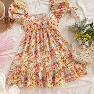 Vibrant Floral Puff Sleeve Dress Shein S